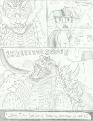 Size: 785x1017 | Tagged: safe, artist:johng117, derpibooru import, twilight sparkle, unicorn twilight, kaiju, pony, unicorn, bhagavad gita, comic, crossover, female, godzilla, godzilla (series), grayscale, mare, monochrome, pencil drawing, robert. j. oppenheimer, traditional art