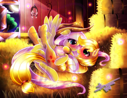 Size: 2000x1544 | Tagged: safe, artist:shikimaakemi, applejack, fluttershy, earth pony, pegasus, pony, appleshy, barn, blushing, female, lasso, lesbian, pixiv, shipping, smiling