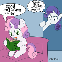 Size: 1000x1000 | Tagged: safe, artist:empyu, edit, rarity, sweetie belle, pony, unicorn, book, exploitable meme, meme, sweetie belle's book, teen titans go, vulgar