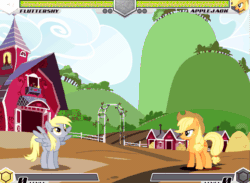 Size: 631x463 | Tagged: safe, artist:sunbusting, applejack, derpy hooves, earth pony, pony, fighting is magic, animated, cute, derpabetes, gif