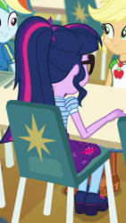 Size: 400x707 | Tagged: safe, derpibooru import, screencap, applejack, rainbow dash, sci-twi, twilight sparkle, better together, equestria girls, forgotten friendship, apple, chair, clothes, cropped, food, freckles, geode of super strength, glasses, looking at each other, magical geodes, ponytail, rear view, shoes, skirt, smiling, socks, table