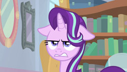 Size: 1920x1080 | Tagged: safe, screencap, starlight glimmer, pony, a horse shoe-in, bookshelf, floppy ears, solo, starlight is not amused, unamused