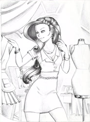 Size: 2436x3295 | Tagged: safe, artist:aspirantedeartista, rarity, canterlot boutique, equestria girls, life is a runway, breasts, carousel boutique, cleavage, fashion, female, humanized, it is on, monochrome, solo