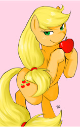 Size: 700x1108 | Tagged: safe, artist:diasfox, applejack, earth pony, pony, apple, bipedal, hatless, looking at you, missing accessory, simple background, solo
