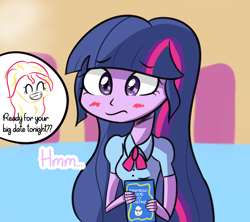 Size: 2276x2023 | Tagged: safe, artist:artiks, sunset shimmer, twilight sparkle, equestria girls, blushing, book, dialogue, egghead