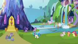 Size: 1280x720 | Tagged: safe, screencap, apple bloom, dj pon-3, maud pie, scootaloo, silverstream, starlight glimmer, sweetie belle, twilight sparkle, twilight sparkle (alicorn), vinyl scratch, alicorn, earth pony, pegasus, pony, seapony (g4), unicorn, cutie mark crusaders, female, filly, mare, pickaxe, rock, school of friendship, theme song, twilight's castle