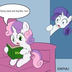 Size: 1000x1000 | Tagged: safe, artist:empyu, edit, rarity, sweetie belle, pony, unicorn, book, cutie mark, dialogue, exploitable meme, implied rarimac, meme, reading, speech bubble, sweetie belle's book, the cmc's cutie marks