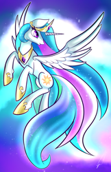 Size: 1024x1583 | Tagged: safe, artist:celliron, princess celestia, alicorn, pony, female, flying, horn, mare, multicolored mane, solo, white coat