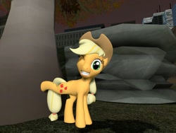 Size: 1024x768 | Tagged: safe, artist:funsketch, applejack, earth pony, pony, 3d, bucking, city, cute, gmod, hat, looking at you, night, rock, smiling, solo, tree, wink