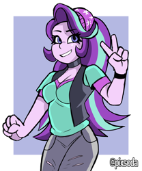 Size: 2080x2496 | Tagged: safe, artist:pixsoda, starlight glimmer, equestria girls, mirror magic, spoiler:eqg specials, beanie, hat, high res, peace sign, solo