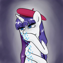 Size: 3000x3000 | Tagged: safe, artist:plotcore, rarity, pony, unicorn, alternate hairstyle, beret, diamond, female, madotsuki, mare, parody, solo, vomit-chan, vomiting