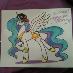 Size: 1080x1080 | Tagged: source needed, useless source url, safe, artist:brendahickey, princess celestia, alicorn, pony, female, mare, raised hoof, silly, smug, tongue out, top gun hat, top sun, traditional art