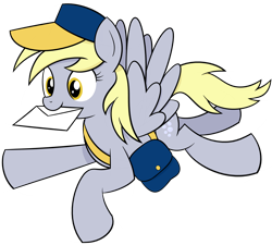 Size: 3874x3482 | Tagged: safe, artist:reconprobe, derpy hooves, pegasus, pony, female, flying, mail, mailpony, mare, mouth hold, simple background, solo, spread wings, transparent background, underp, wings