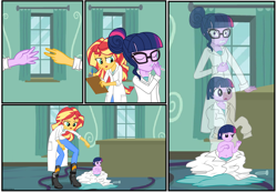 Size: 3500x2426 | Tagged: safe, artist:gamerpen, sci-twi, sunset shimmer, twilight sparkle, equestria girls, age regression, baby, clothes, comic, lab coat, what has science done