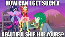 Size: 1920x1080 | Tagged: safe, edit, edited screencap, screencap, sci-twi, sunset shimmer, twilight sparkle, wallflower blush, better together, equestria girls, forgotten friendship, female, image macro, left out, lesbian, meme, opinion, ponied up, ponytail, scitwilicorn, scitwishimmer, shipping, sunsetsparkle, text, wings