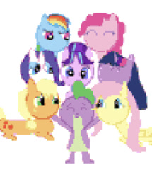 Size: 750x872 | Tagged: safe, alternate version, artist:undeadponysoldier, applejack, fluttershy, pinkie pie, rainbow dash, rarity, spike, starlight glimmer, twilight sparkle, twilight sparkle (alicorn), alicorn, dragon, earth pony, pegasus, pony, unicorn, cute, female, group hug, hug, mane seven, mane six, mare, pixel art, pixelated, spikelove