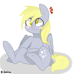 Size: 850x850 | Tagged: safe, artist:kilka-chan-yana, derpy hooves, pegasus, pony, blushing, confused, scrunchy face, solo