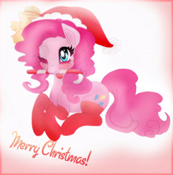 Size: 3068x3094 | Tagged: safe, artist:lunaltaria, pinkie pie, earth pony, pony, candy cane, clothes, hat, mouth hold, prone, santa hat, socks, solo, wink