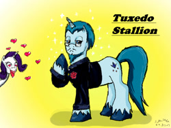 Size: 668x501 | Tagged: safe, artist:souleatersaku90, rarity, oc, oc:tuxedo stallion, pony, unicorn, canon x oc, female, heart, heart eyes, male, shipping, straight, wingding eyes