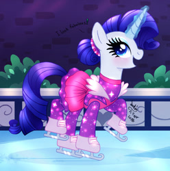 Size: 1020x1030 | Tagged: safe, artist:joakaha, rarity, pony, unicorn, the gift of the maud pie, 2016, alternate hairstyle, clothes, dress, glowing horn, ice, ice rink, ice skates, ice skating, manehattan, night, open mouth, scene interpretation, signature, solo, sparkling