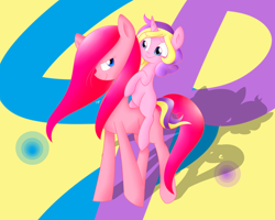 Size: 1280x1024 | Tagged: safe, artist:mayleebell24, pinkie pie, princess skyla, earth pony, pony, pinkamena diane pie, ponies riding ponies