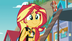 Size: 1920x1080 | Tagged: safe, screencap, sunset shimmer, better together, equestria girls, forgotten friendship, :t, belly button, bikini, clothes, cute, female, geode of empathy, jewelry, magical geodes, midriff, necklace, shimmerbetes, smiling, solo, sports bra, stomach, summer sunset, swimsuit, youtube link