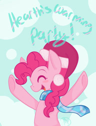 Size: 1000x1300 | Tagged: safe, artist:mdragonflame, pinkie pie, earth pony, pony, blue, christmas, clothes, cute, hearth's warming, hearth's warming eve, party, scarf, smiling, snow, snowfall