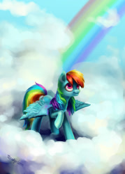 Size: 1417x1984 | Tagged: safe, artist:teenageteem, derpibooru import, rainbow dash, pegasus, pony, cloud, cloudy, rainbow, sky, solo