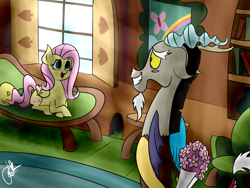 Size: 1024x768 | Tagged: safe, artist:elzielai, discord, fluttershy, pegasus, pony, blushing, discoshy, female, flower, male, shipping, straight