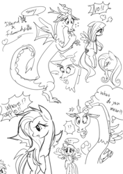 Size: 700x990 | Tagged: safe, artist:nitronic, applejack, discord, fluttershy, twilight sparkle, twilight sparkle (alicorn), alicorn, earth pony, pony, discobat, discoshy, female, flutterbat, male, mare, monochrome, pixiv, shipping, straight