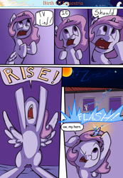 Size: 1280x1853 | Tagged: safe, artist:shieltar, princess celestia, alicorn, pony, comic:birth of equestria, cewestia, comic, dialogue, earth, filly, magic, night, pink-mane celestia, solo, space, speech bubble, sun