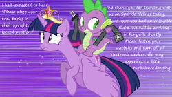 Size: 1280x720 | Tagged: safe, derpibooru import, spike, twilight sparkle, twilight sparkle (alicorn), alicorn, dragon, pony, princess twilight sparkle (episode), airline, airplanicorn, big crown thingy, derp, female, flying, insane pony thread, mare, seatbelt