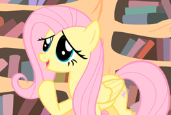 Size: 1589x1069 | Tagged: safe, screencap, fluttershy, pegasus, pony, three's a crowd, bookcase, cute, female, golden oaks library, lidded eyes, mare, raised hoof, shyabetes, solo