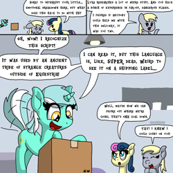 Size: 1000x1000 | Tagged: safe, artist:bjdazzle, bon bon, derpy hooves, lyra heartstrings, sweetie drops, earth pony, pegasus, pony, unicorn, comic:accidental transit guardians, atg 2018, box, chibi, coincidence, comic, cute, excited, female, happy, heart eyes, irrational exuberance, lyrabetes, mail, mare, nervous, newbie artist training grounds, package, researcher, shaking, smiling, tail wag, teamwork, wingding eyes