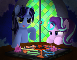 Size: 3235x2500 | Tagged: safe, artist:spellboundcanvas, starlight glimmer, oc, oc:dynamo pad, pony, unicorn, board game, dice, dragon pit, duo, magic, stained glass, stained glass window