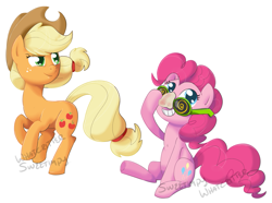 Size: 1035x769 | Tagged: safe, artist:impydoo, applejack, pinkie pie, earth pony, pony, blonde mane, duo, female, mare, orange coat, pink coat, pink mane