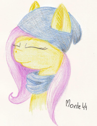 Size: 786x1018 | Tagged: safe, artist:monte44, fluttershy, pegasus, pony, bust, clothes, eyes closed, hat, portrait, scarf, solo, traditional art