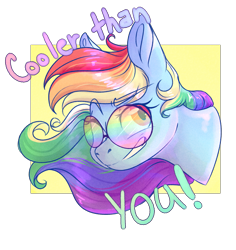 Size: 2353x2489 | Tagged: safe, artist:yomitai, derpibooru import, rainbow dash, pegasus, pony, bust, grin, one eye closed, propaganda, simple background, smiling, solo, sunglasses, text, wink