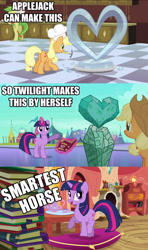 Size: 1280x2160 | Tagged: safe, applejack, twilight sparkle, earth pony, pony, crystal heart, fridge logic, image macro, meme