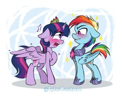 Size: 891x704 | Tagged: safe, artist:tylerdashart, derpibooru import, rainbow dash, twilight sparkle, twilight sparkle (alicorn), alicorn, pegasus, pony, blushing, crown, female, jewelry, lesbian, looking at each other, mare, nervous, regalia, shipping, smiling, sweat, twidash