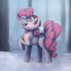 Size: 894x894 | Tagged: safe, artist:holyroll4, pinkie pie, earth pony, pony, big ears, cute, eating, hat, impossibly large ears, snow, snowfall, solo, tongue out, winter