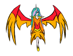 Size: 1300x1004 | Tagged: safe, artist:rexlupin, princess celestia, principal celestia, phoenix, equestria girls, friendship games, daydream shimmer, daydream-ified, horned humanization, humanized, solo, unamused, winged humanization