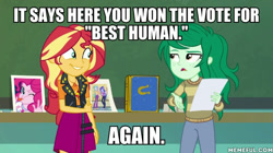 Size: 600x337 | Tagged: safe, edit, edited screencap, screencap, pinkie pie, princess celestia, princess luna, principal celestia, sunset shimmer, vice principal luna, wallflower blush, better together, equestria girls, forgotten friendship, best human, geode of empathy, geode of sugar bombs, image macro, meme, text