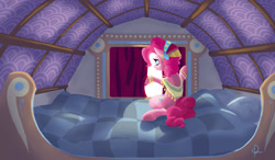 Size: 1797x1053 | Tagged: safe, artist:queensdaughters, pinkie pie, earth pony, pony, bed, curtains, gypsy pie, solo, window