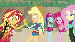 Size: 1920x1080 | Tagged: safe, derpibooru import, screencap, applejack, fluttershy, pinkie pie, rainbow dash, sunset shimmer, better together, equestria girls, forgotten friendship, belly button, clothes, geode of empathy, geode of fauna, geode of sugar bombs, geode of super speed, geode of super strength, magical geodes, midriff, sleeveless, summer sunset, swimsuit, wetsuit