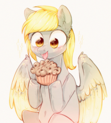 Size: 1963x2160 | Tagged: safe, artist:rizzych, derpy hooves, pegasus, pony, blushing, female, food, happy, mare, muffin, simple background, solo, tongue out, white background