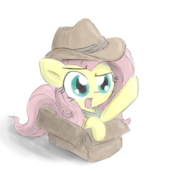 Size: 700x700 | Tagged: safe, artist:deadlycomics, fluttershy, pegasus, pony, box, cardboard box, clothes, cute, explorer outfit, fedora, hat, open mouth, pointing, pony in a box, raised eyebrow, raised hoof, shirt, shyabetes, simple background, solo, white background