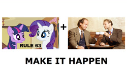 Size: 1366x768 | Tagged: safe, derpibooru import, rarity, twilight sparkle, pony, unicorn, exploitable meme, frasier, frasier crane, make it happen, meme, meta, rule 63