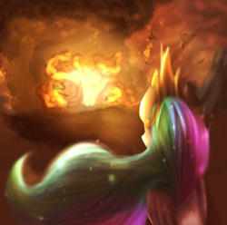 Size: 2000x1983 | Tagged: safe, artist:segraece, princess celestia, alicorn, pony, explosion, fire, looking at something, looking away, rear view, solo