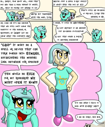 Size: 1000x1200 | Tagged: safe, artist:bjdazzle, derpy hooves, lyra heartstrings, human, pegasus, pony, unicorn, comic:accidental transit guardians, angry, atg 2018, chibi, clothes, comic, curiosity, curious, cute, cutie mark clothes, fantasy, female, happy, heart eyes, humanized, humie, implied bon bon, jeans, lyrabetes, mare, newbie artist training grounds, offscreen character, pants, shirt, shoes, that pony sure does love humans, unamused, wingding eyes